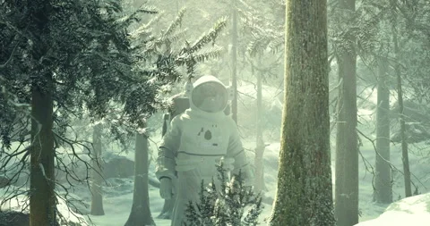 Astronaut exploring a snowy forest under diffused sunlight Stock Footage 305697538