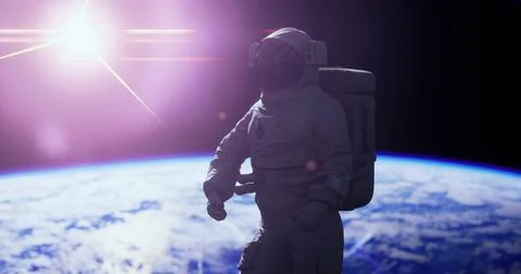 Astronaut exploring space with Earth in the background during dawn Stock Illustration