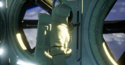 Astronaut exploring spacecraft interior near Earth orbit during mission Stock Illustration