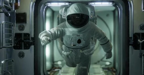 Astronaut exploring a spacecraft in zero gravity during a space mission Stock Illustration
