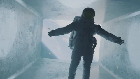 Astronaut falling down a bright path or a tunnel. Planet earth in the background Stock Footage 218453533