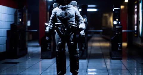 Astronaut figure stands in empty corridor of a futuristic station at night Stock Illustration