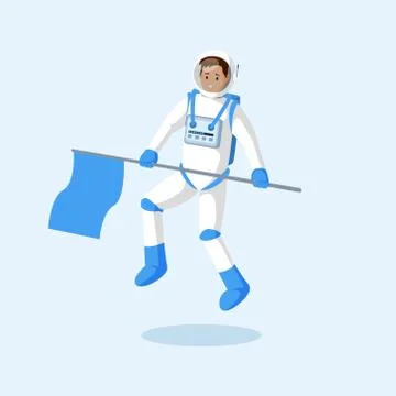 Astronaut with flag floating flat illustration. Male cosmonaut, explorer Stock Illustration