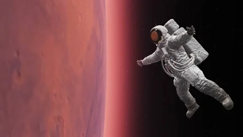 Astronaut flies in space around the Mars. Spacewalk. Seamless loop. Video stock 239776511