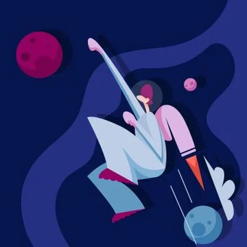 Astronaut flies into space on a jet engine Stock Illustration