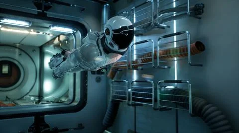 The astronaut flies in zero gravity modulo his spacecraft. 3D Rendering. Stock Illustration