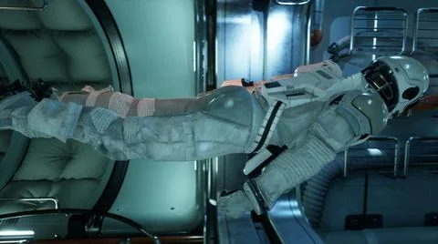 The astronaut flies in zero gravity modulo his spacecraft. 3D Rendering. Stock Illustration