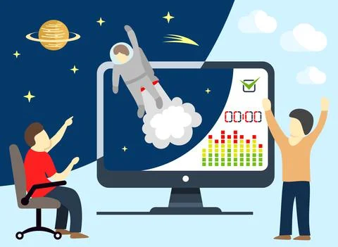 Astronaut flight into space and the flight control center Stock Illustration