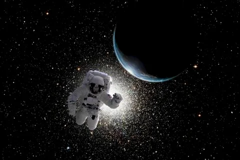 Astronaut floating in deep space with an Earth-like planet in background. Stock Illustration