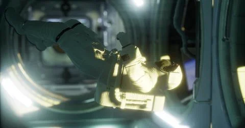 Astronaut floating inside a futuristic spacecraft during space exploration Stock Illustration