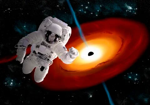 An astronaut floating in outer space as he is pulled towards a massive black Illustrazione stock