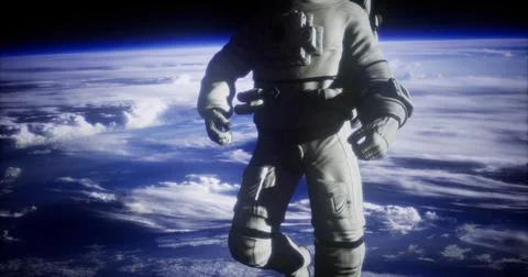 Astronaut floating in space above Earth with clouds visible Stock Illustration