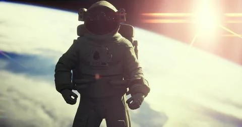 Astronaut floating in space above Earth with sunlight illuminating the scene Illustrazione stock