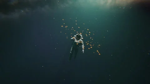 Astronaut floating in space and playing with butterflies in a 3D animation Stock Footage 253572496