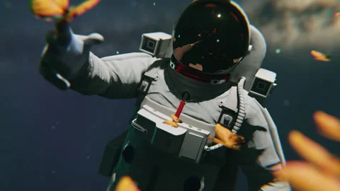 An astronaut floating in space and playing with butterflies Stock Footage 253573469