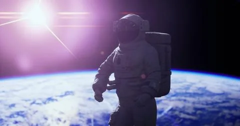 Astronaut floating in space with Earth and sun in the background during day Stock Illustration