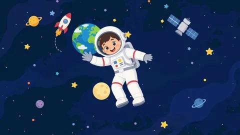 Astronaut floating in space with planets, seamless loop animation Stock Footage 339596212