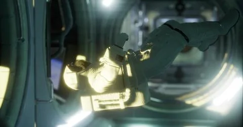 Astronaut floating in a spacecraft corridor during a space mission Stock Illustration