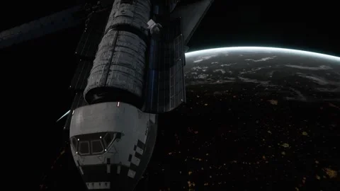 An astronaut floats in space in front of a rocket Stock Footage 260744612