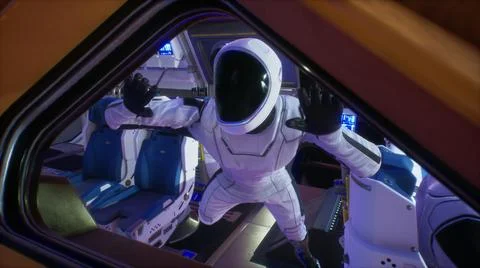 An astronaut floats in zero gravity in his spaceship and takes in views of the Stock-Illustration