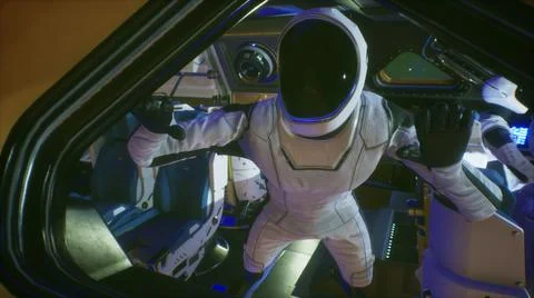 An astronaut floats in zero gravity in his spaceship and takes in views of the Stock Illustration