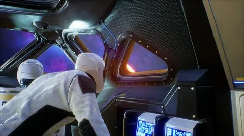 An astronaut floats in zero gravity in his spaceship and takes in views of the Stock Illustration