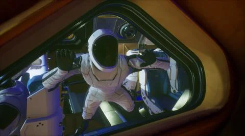An astronaut floats in zero gravity in his spaceship and takes in views of the Illustrazione stock
