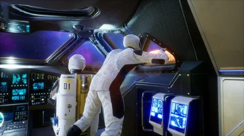 An astronaut floats in zero gravity in his spaceship and takes in views of the Stock-Illustration