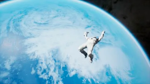An astronaut is flying in outer space and falls on an unknown blue planet. 3D Stock Illustration