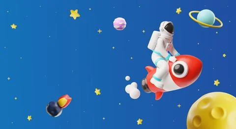 Astronaut flying on a rocket in space 3D cartoon plastic style, cosmonaut Stock Illustration