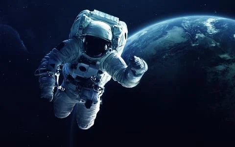 Astronaut in front of the Earth planet. Elements of this image furnished by NASA Stock Photos