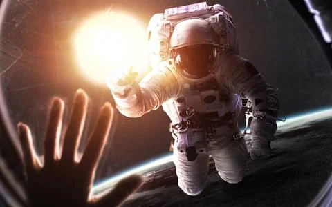 Astronaut in front of glowing Sun. Space science fiction visualization. Elements Stock Illustration