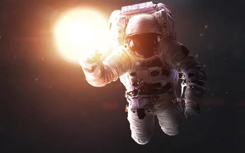 Astronaut in front of glowing Sun. Space science fiction visualization. Elements Illustrazione stock