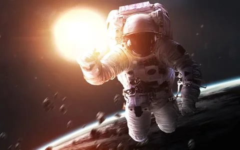 Astronaut in front of glowing Sun. Space science fiction visualization. Elements Illustrazione stock