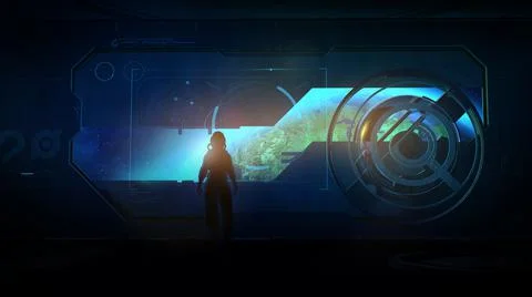 Astronaut of the future in Earth orbit, 3D render. Stock Illustration
