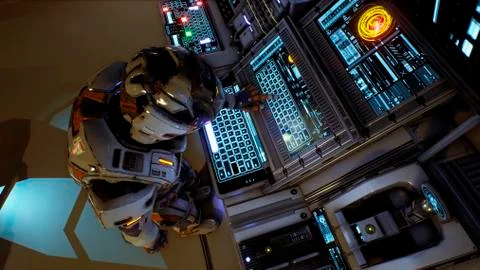 Astronaut of the future presses the keys on sci-fi screen. Realistic motion Stock Illustration