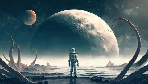 An astronaut gazes at a planet in the sky while standing in a peculiar sea .. Stock Illustration