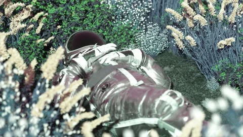 Astronaut gazing into the cosmos, surrounded by a 3D rendered alien botanic Stock Footage 262574485
