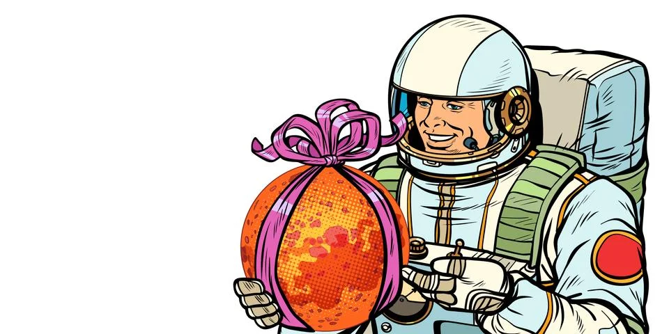 Astronaut gives the planet Mars. Isolate on white background Illustrazione stock