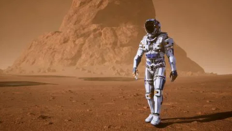 Astronaut goes on the surface of Mars through a dust storm past the giant solar Stock Illustration
