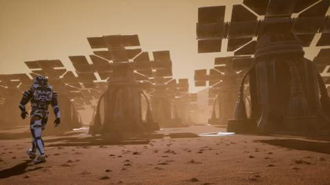 Astronaut goes on the surface of Mars through a dust storm past the giant solar Stock Illustration