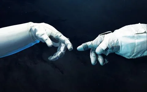 Astronaut hands with background of deep space. Elements of this image furnished Stock Photos