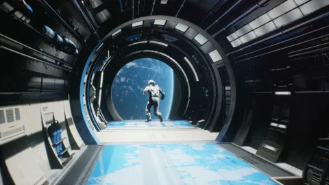 The astronaut has fun or escapes and jumps out of the spaceship's airlock into Stock Footage 138233532