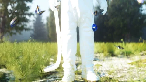 Astronaut idle in forest. Realistic 4k animation. Stock Footage 132681954