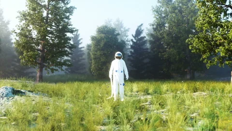 Astronaut idle in forest. Realistic 4k animation. Stock Footage 132683146