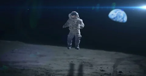 jumping astronaut in outer space