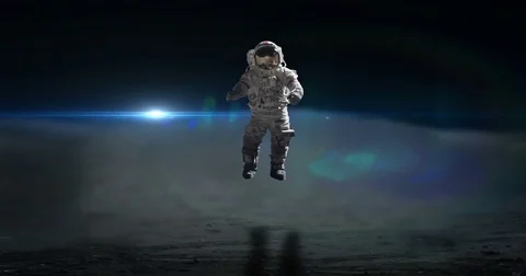 Astronaut Jumping on Moon Surface with Blue Flare Blur Background 4K Stock Footage 76145391