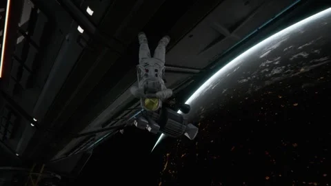 An astronaut jumps down into space with zero gravity Stock Footage 260749186