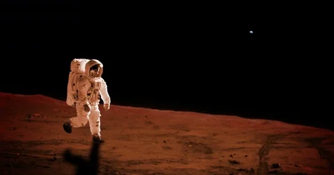 Astronaut Jumps on Mars During Mars Mission Earth Far in Distance 4K Stock Footage 76899287