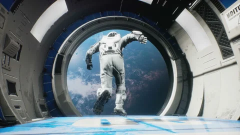 An astronaut jumps out of a spaceship into outer space. The animation is Stock Footage